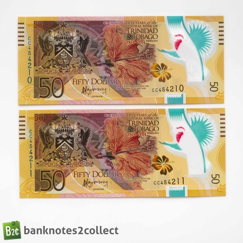 TRINIDAD & TOBAGO: 2 x 50 Trinidad & Tobago Dollar Banknotes Consecutive SNs