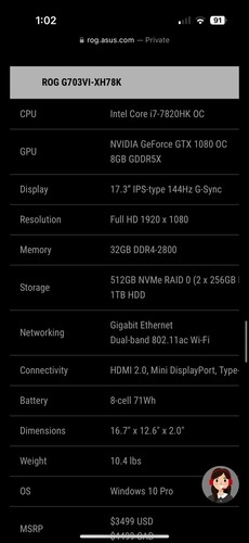 ASUS ROG CHIMERA GAMING  Laptop  desk top replacement  G703Gl Core i7-8750 - Picture 5 of 7