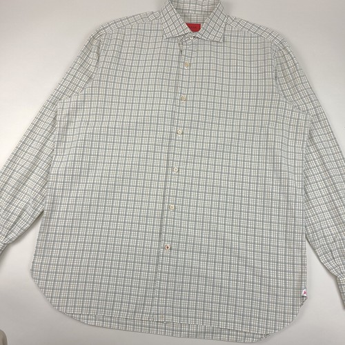 Isaia Napoli Shirt Mens 17 / 43 Beige Plaid Long Sleeve Button Up Italy - Picture 2 of 12
