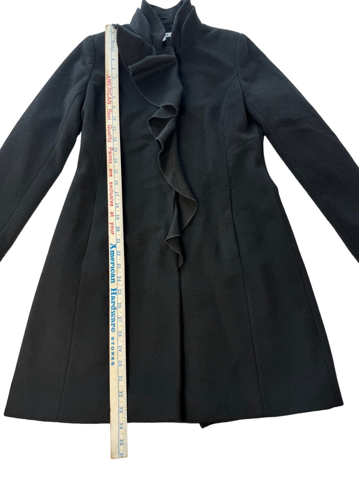 DKNY Walker Coat Womens 2 Black Ruffle Wool Blend Stand Up Collar