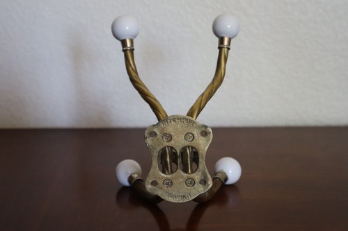 VTG BRASS Porcelain 4 Knob Double Hooks Wall Mount Towel Hanger ~6.25”H Interpur - Picture 7 of 11