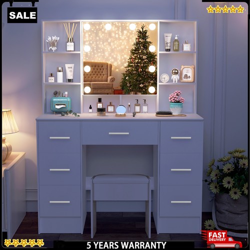 Vanity Desk with 10 LED Lighted Mirror Makeup Vanity Table with 7 Drawers& Stool - Picture 12 of 14