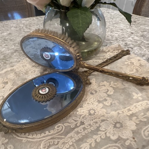 Vanity Guilloche Enamel Pink Rose Brush Mirror Venetian Antique Vtg Deco Blue - Picture 11 of 22