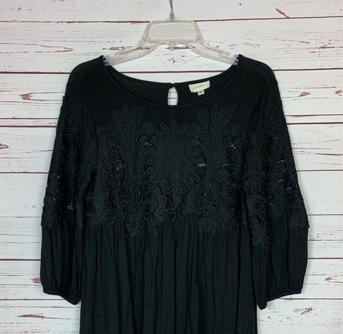 Deletta Anthropologie Women's Size S Small Black Sheer Lace Puff Sleeve Cute Top - Picture 2 of 11