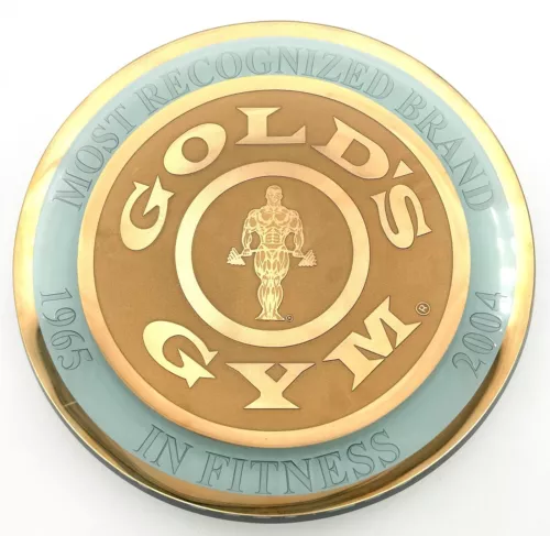 VINTAGE RARE LARGE GLASS GOLD’S GYM PLATTER, BOWL ENGRAVED GOLD PLATED GYM FANS