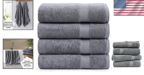 Ultra Soft 100% Cotton Bath Towels Set of 4 - 28"x54" - Highly Absorbent Grey - Picture 2 of 12
