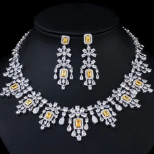 Silver Plated CZ Yellow Square Tassel Drop Necklace Earrings Set Wedding Jewelry
