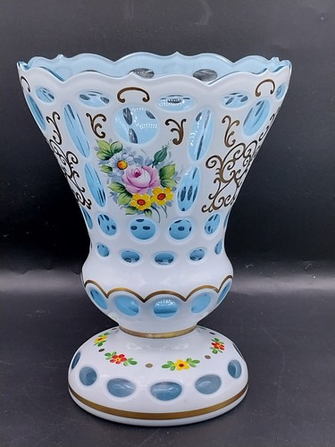 Vintage Bohemian Czech White Cut to Light Blue Hand Painted, Large Vase - Picture 12 of 12