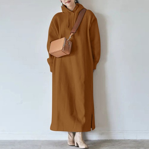 Damen Langarm Fleece Kapuzenpullover Maxikleid Loose Solid Hoodie Dresse~ 〒 - Picture 18 of 23