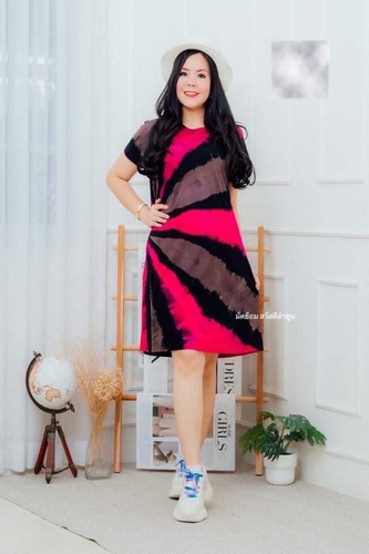 Women Short Dress Thai Handmade Tie dyed Multi Color Round Neck Short Sleeves - Picture 37 of 50