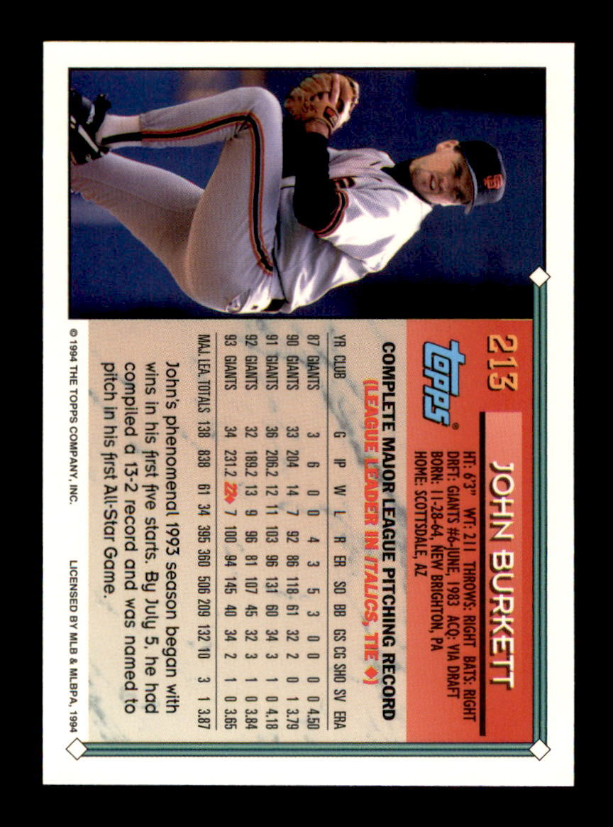 1994 BASEBALL 1994 Topps John Burkett San Francisco Giants
