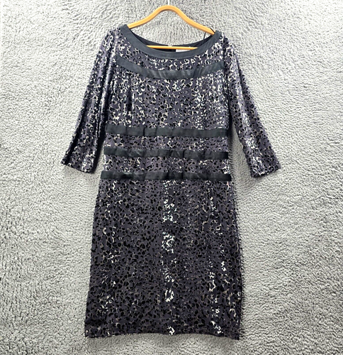 Queenspark Womens Pencil Dress Size 12 Grey Black Velvet Burnout 3/4 Sleeve
