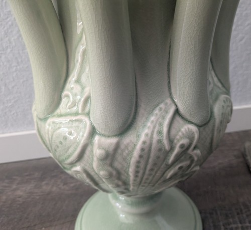 Global Views Ceramic Tulip Flower Vase Crackle Finish Jade Green Flower Frog 14" - Picture 5 of 17