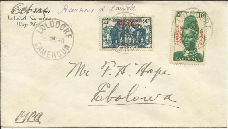 Cameroun Sc#268,#259 LOLODORF 28/DEC/40 Missionary Mail to Ebolowa