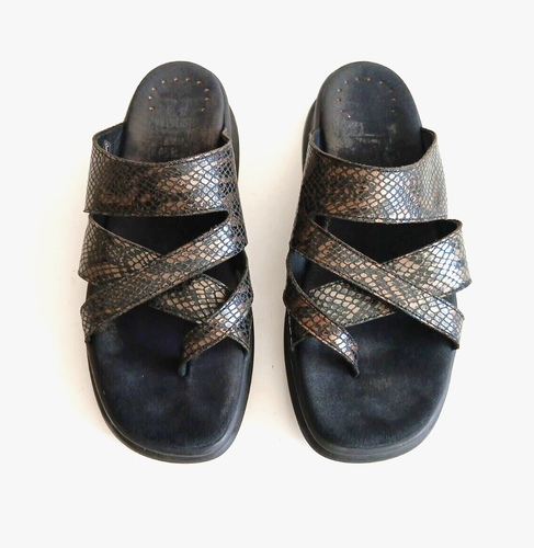 MEPHISTO Womens Size 41/10 Black Brown Snake Skin Leather Flat Toe Loop Sandal