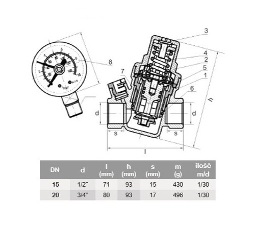 1/2" Inch BSP Válvula de reducción de agua para tubo de 15mm con manómetro - Imagen 2 de 2