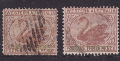 WEST AUSTRALIA 1893 3d Brown "ONE PENNY" SURCHARGE SWAN X2 USED SG 107 (NE59B) - Bild 1 von 2