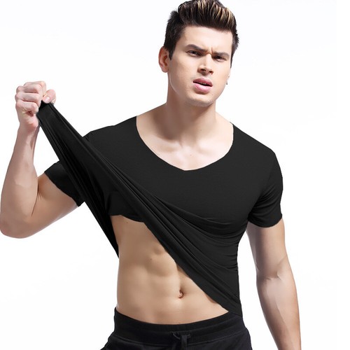 Herren V-Ausschnitt Unterhemd ultradünn T-Shirt Kurzarm Jersey Oberteil dehnbarer Stoff - Bild 14 von 16