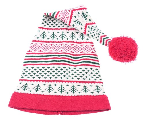Knitty Kitty Fair Isle Snowflake White Green Red Pom Pom Beanie Hat Night Cap - Picture 1 of 5
