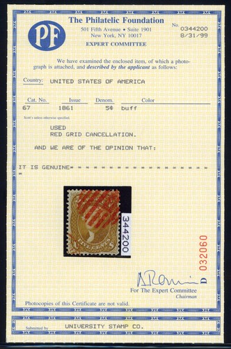 United States 1861 5c Jefferson Sc#67 Used VF/XF Red Grid Cancel w/ Cert RARE 💥 - Picture 3 of 3