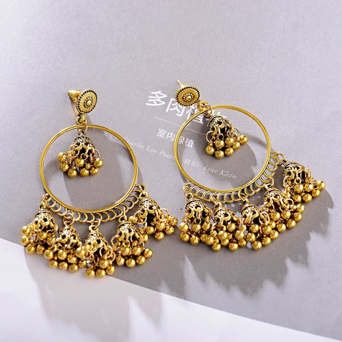 2 pares de exquisitos pendientes Jhumka Jhumki de metal dorado y plata tallada para mujer - Imagen 15 de 28