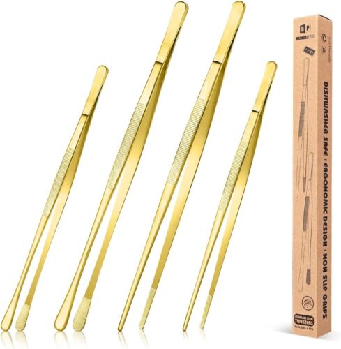 4 Pcs Fine Long Tweezer Tongs Professional Gold, 12'' and 10'' Stainless Steel f