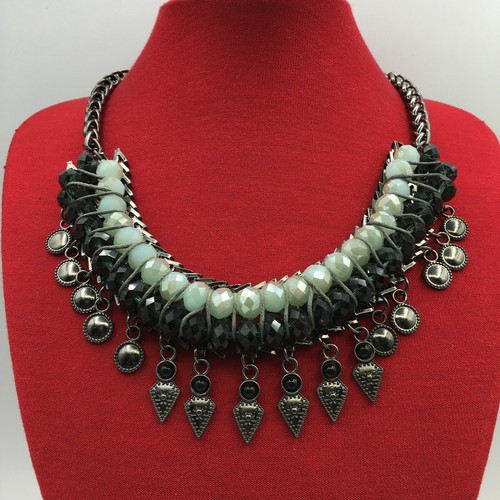 FREEDOM Necklace Statement Bib Length Black and Blue Tone Charm Christmas Party - Picture 4 of 5