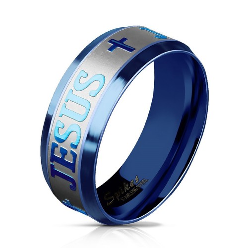 Stainless Steel Silver Gold Plated Black or Blue JESUS & Cross Band Ring - Picture 3 of 5