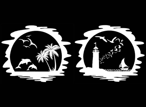 Tropical Ocean Scenes 2 pcs 4 Inch White Fused Glass Decals - Picture 1 of 2