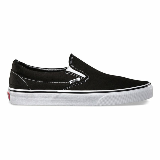 black canvas vans slip on