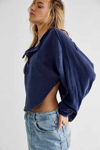 NWT Free People Melodi Quarry Blue Button Henley Pullover Top Shirt Large L - Picture 4 of 4