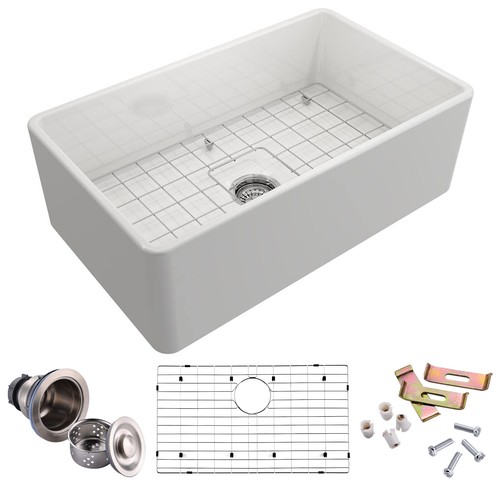 30 x 20'' Fireclay Farmhouse Apron-Front Kitchen Sink Single Bowl White W/Grid - Picture 2 of 12