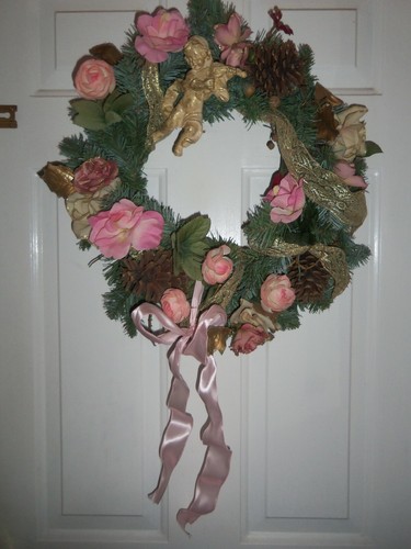 2- Pink Rose Flower w/ Angel & Pinecone Christmas Door Wreath Shaby Chic 18" Set - Picture 11 of 11