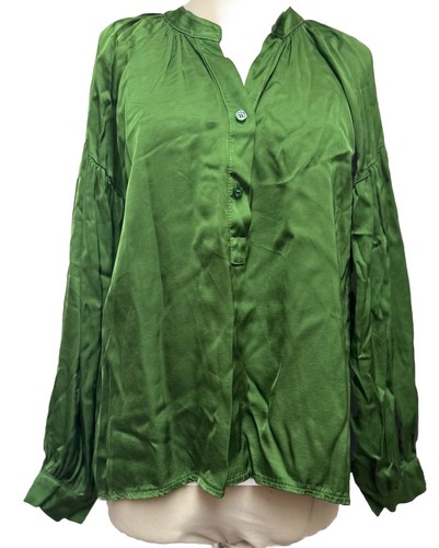 Blusa Pamela Shiffer Verde 100% Seda Camisa Satén Sedoso Manga Hinchada TU 10-12-14 - Imagen 3 de 20