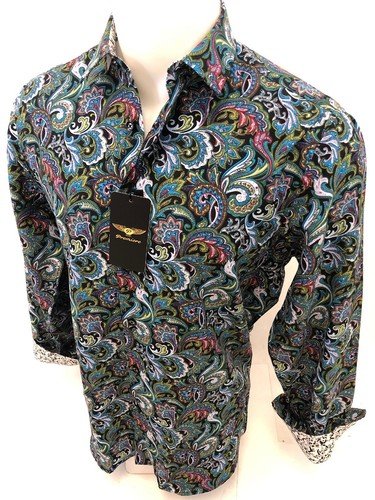 Mens PREMIERE Long Sleeve Button Down Dress Shirt GREEN PAISLEY DESIGNER 625 NWT - Picture 9 of 13