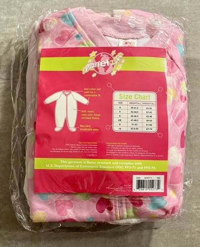 Set Of 2 Planet ZZZ Girls Size 5 Blanket Fleece Sleepers Pink Hearts NEW! - Picture 2 of 7