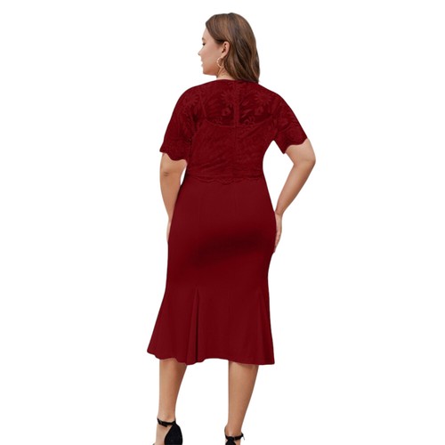 Plus Size Women Round Neck Short Sleeve Solid Lace Printed Midi Dress Party Gown - Picture 17 of 36