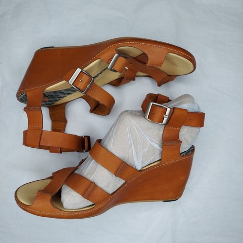 Jshoes Brown Leather Strappy Ankle Wedge Heel Women 10 Brown Adjustable Buckle - Picture 3 of 8