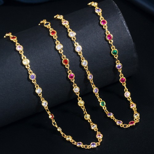 Boho Yellow Gold Plated CZ Round Long Anklet Link Bracelet DIY Jewelry Findings - Picture 7 of 11