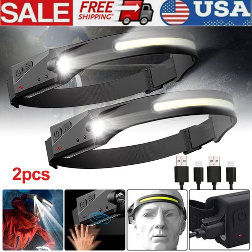 2XWaterproof COB Headlamp LED Sensor 230° Head Torch Headlight Lamp Rechargeable