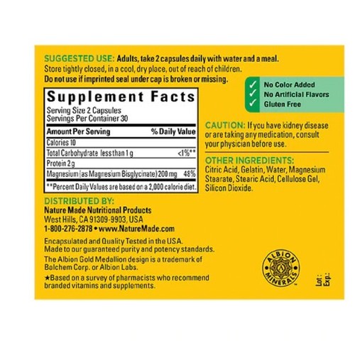 Magnesiumglycinat mit hoher Absorption 200 mg Kapseln, je 60, Nature Made - Bild 2 von 4