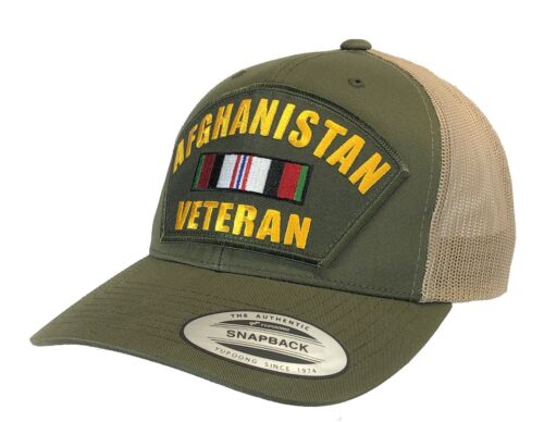 Afghanistan Veteran Trucker Mesh Back Hat OD Green and Tan Snapback Brand - Afbeelding 1 van 5