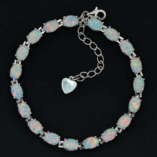 Vikoly Blue/White/Orange/Pink Oval 925 Sterling Sliver Fire Opal Bracelet 18cm - Picture 2 of 25