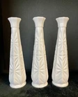 Vintage Hoosier White Starburst Pattern Milk Glass Bud Vase 9” Tall Lot Of 3