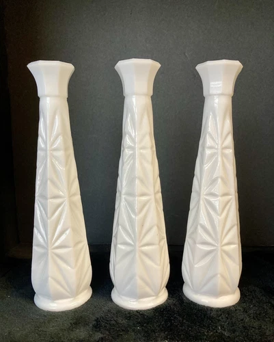 Vintage Hoosier White Starburst Pattern Milk Glass Bud Vase 9” Tall Lot Of 3