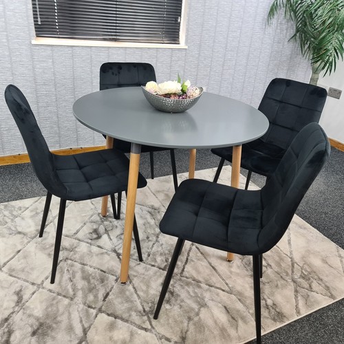 Dining Table Set Of 4 Round Grey Dining Table And 4 Black Velvet Tufted Chairs - Picture 10 of 12