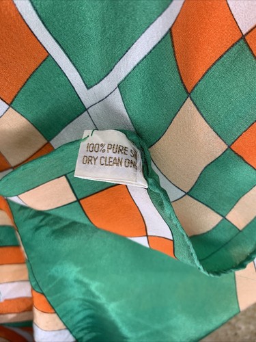 Vintage 100% Silk Scarf Orange & Green Stripe Geometric Square 22” X 22” JoAnn - Picture 9 of 11