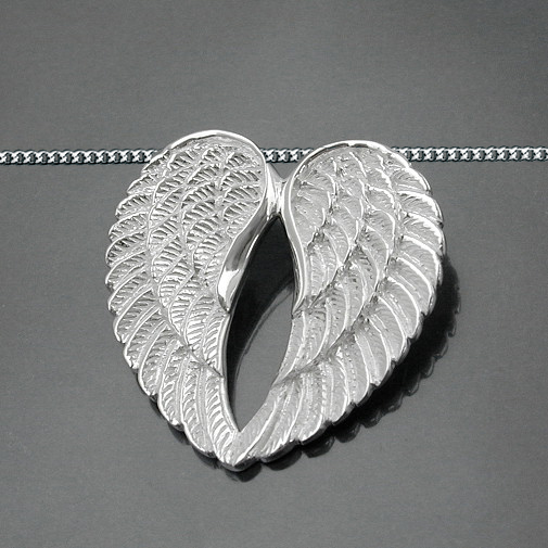 1 Damen Doppel- Engelsflügel Anhänger in Herz Form Echt Silber 925 und Kette Neu