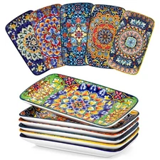 Simi 9.5 Inch Rectangular Dinner Plates Set of 6 - Bohemian Floral Design in ...