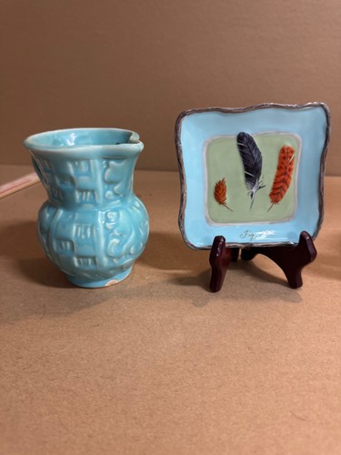 Vintage Sky Blue Dalton Pottery Tea Pot New! Pitcher Tiny Plates Nest Feathers - Picture 4 of 15